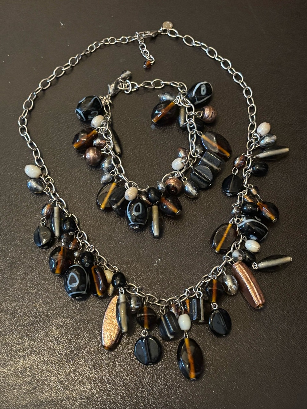 Just Jewelry Cha Cha Beaded Necklace in Black, Brown, and Gray w/bracelet set